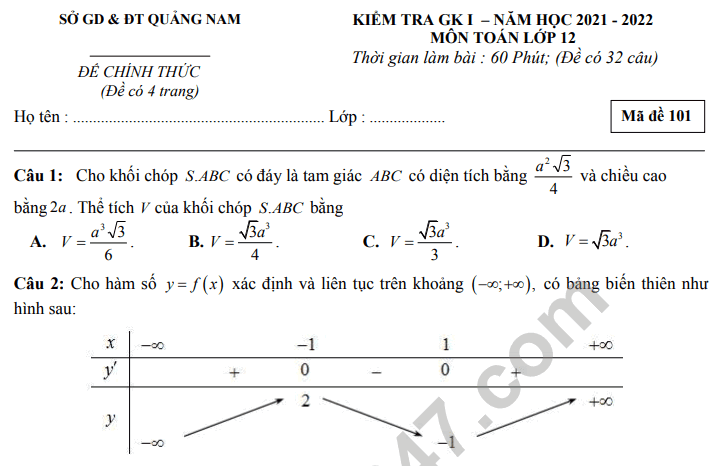 Đề thi giữa kì 1 môn Toán lớp 12 - THPT Núi Thành 2021