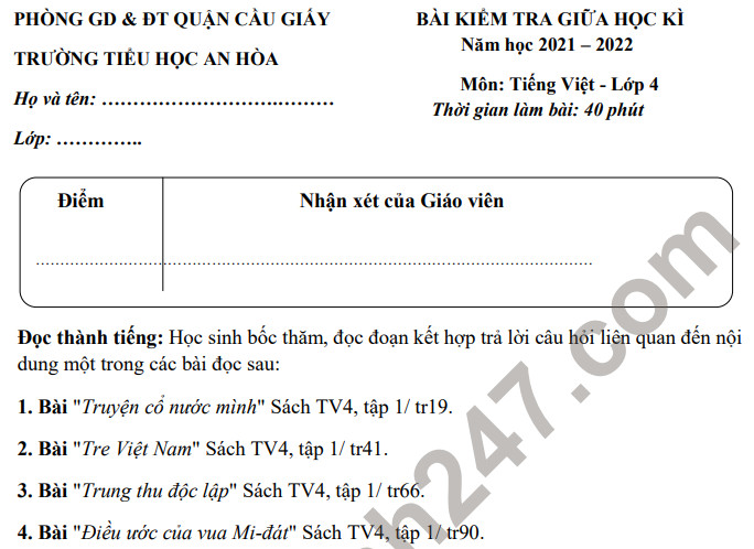 Đề kiểm tra giữa kì 1 lớp 4 môn Tiếng Việt 2021 - TH Hòa An