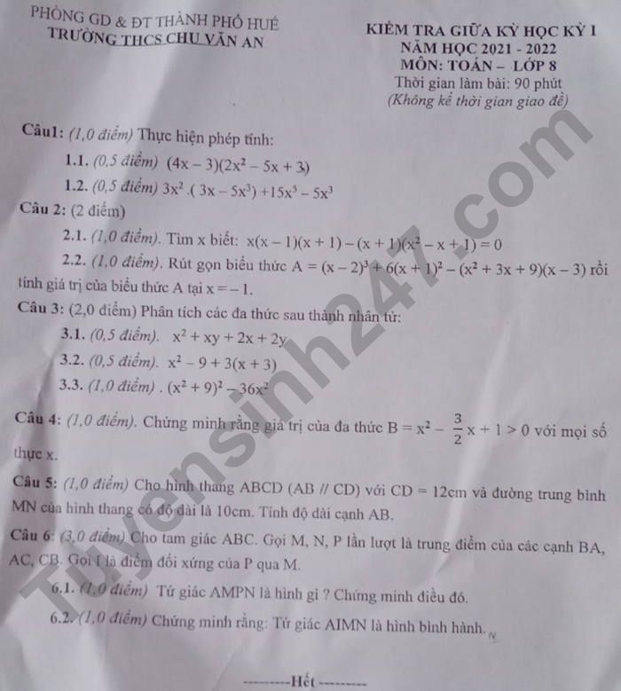 Đề thi giữa học kì 1 Toán lớp 8 năm 2021 - THCS Chu Văn An