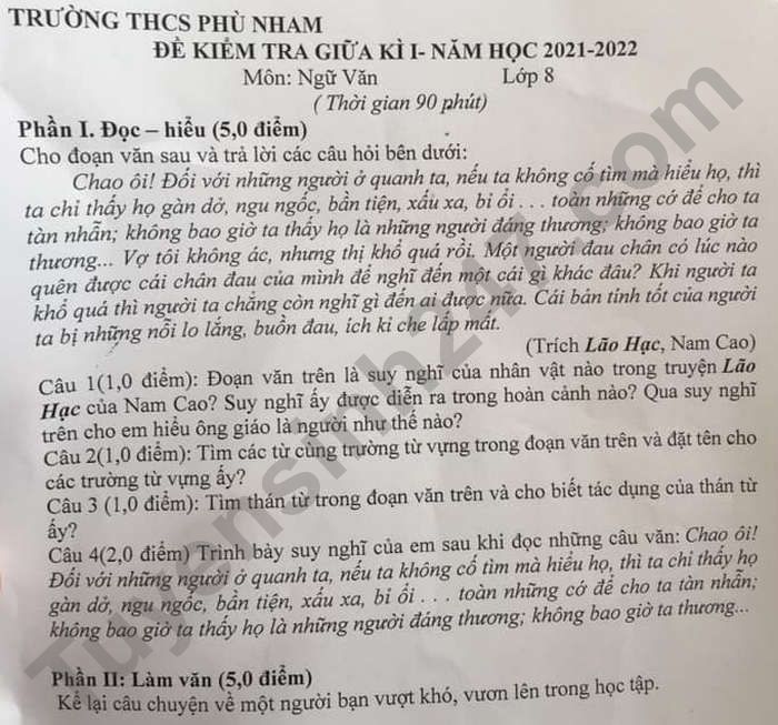 Đề thi giữa kì 1 năm 2021 THCS Phù Nham - lớp 8 môn Văn