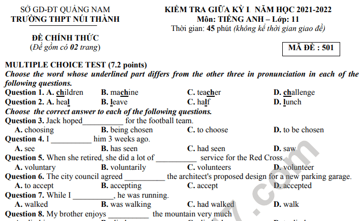 Đề thi giữa kì 1 môn Anh lớp 11 năm 2021 - THPT Núi Thành