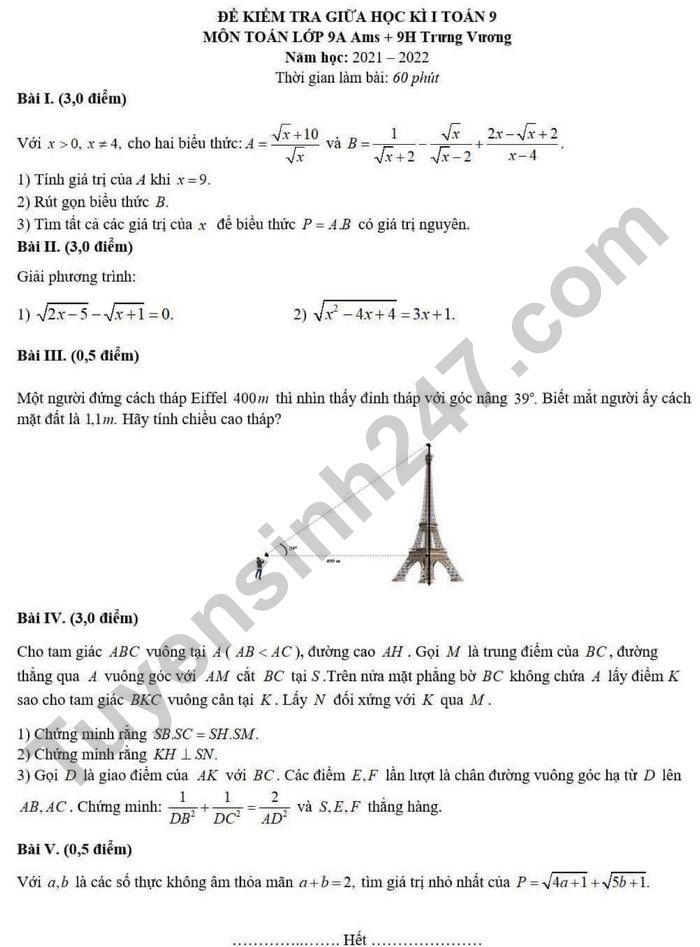 Đề thi giữa kì 1 lớp 9 môn Toán 2021 - Ams-Trưng Vương