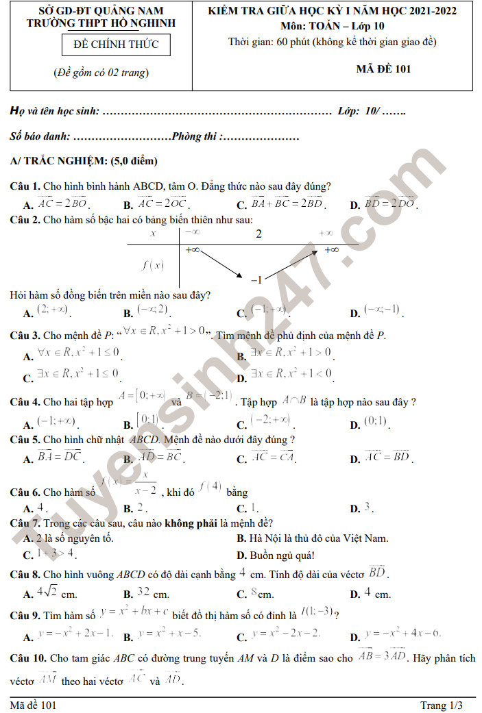 Đề thi môn Toán lớp 10 giữa kì 1 năm 2021 - THPT Hồ Nghinh (Có đáp án)