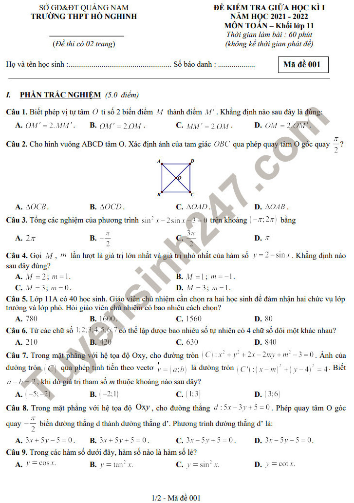 Đề thi giữa kì 1 năm 2021 THPT Hồ Nghinh - Toán lớp 11