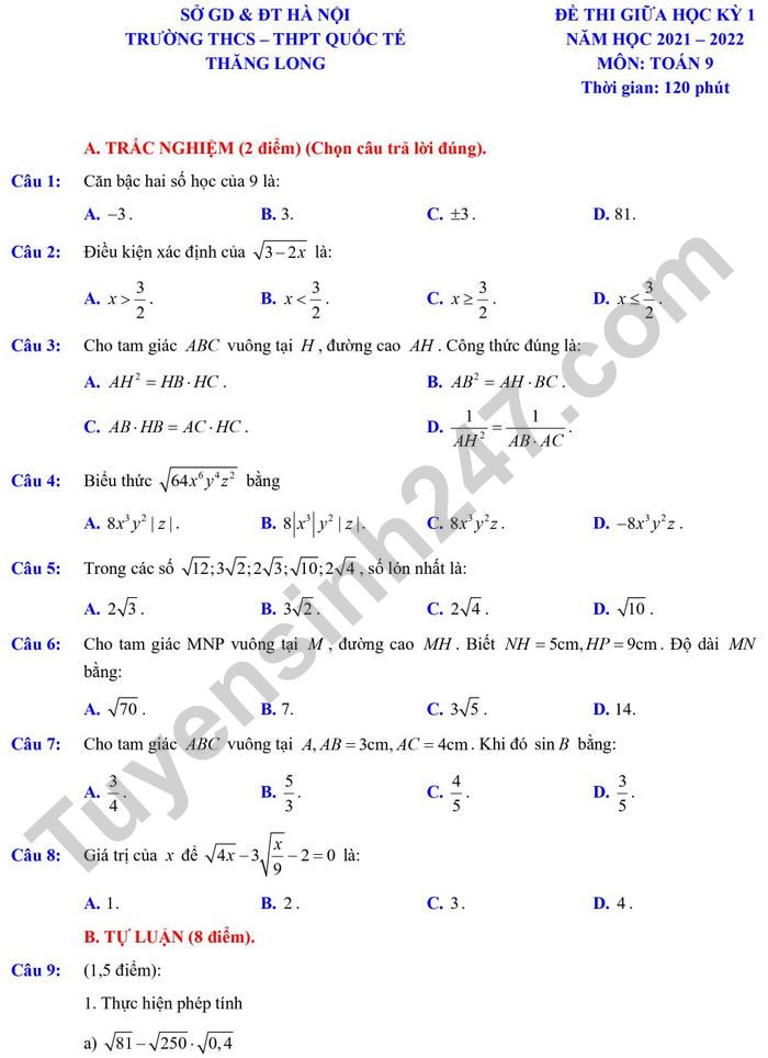 Đề thi giữa kì 1 lớp 9 môn Toán năm 2021 - THCS&THPT Quốc tế Thăng Long