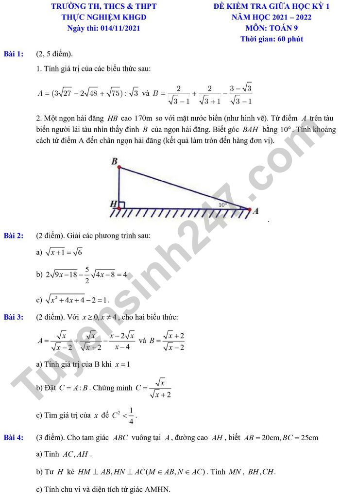 Đề thi giữa kì 1 Toán lớp 9 - TH, THCS, THPT Thực nghiệm KHGD năm 2021