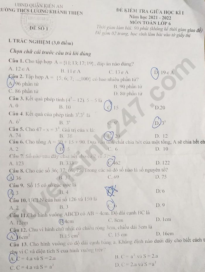 Đề kiểm tra giữa kì 1 năm 2021 THCS Lương Khánh Thiện - lớp 6 môn Toán