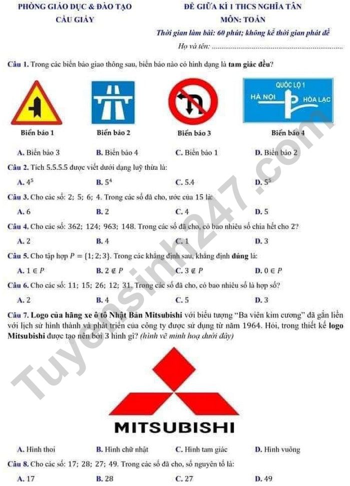 Đề thi giữa kì 1 năm 2021 THCS Nghĩa Tân - lớp 6 môn Toán