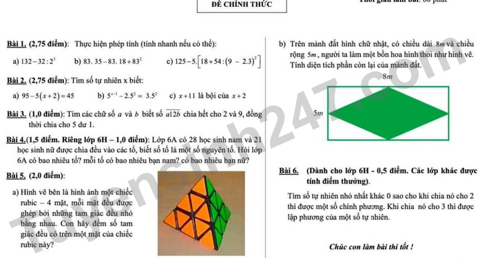 Đề kiểm tra giữa kì 1 Toán lớp 6 THCS Trưng Vương 2021