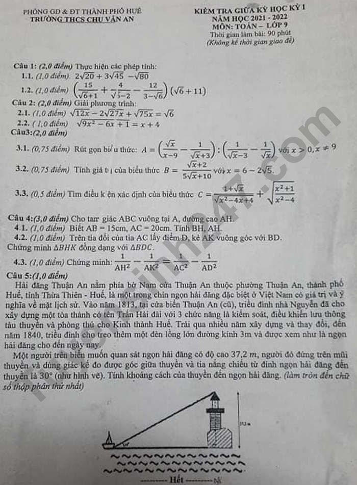 Đề thi giữa kì 1 lớp 9 môn Toán 2021 - THCS Chu Văn An