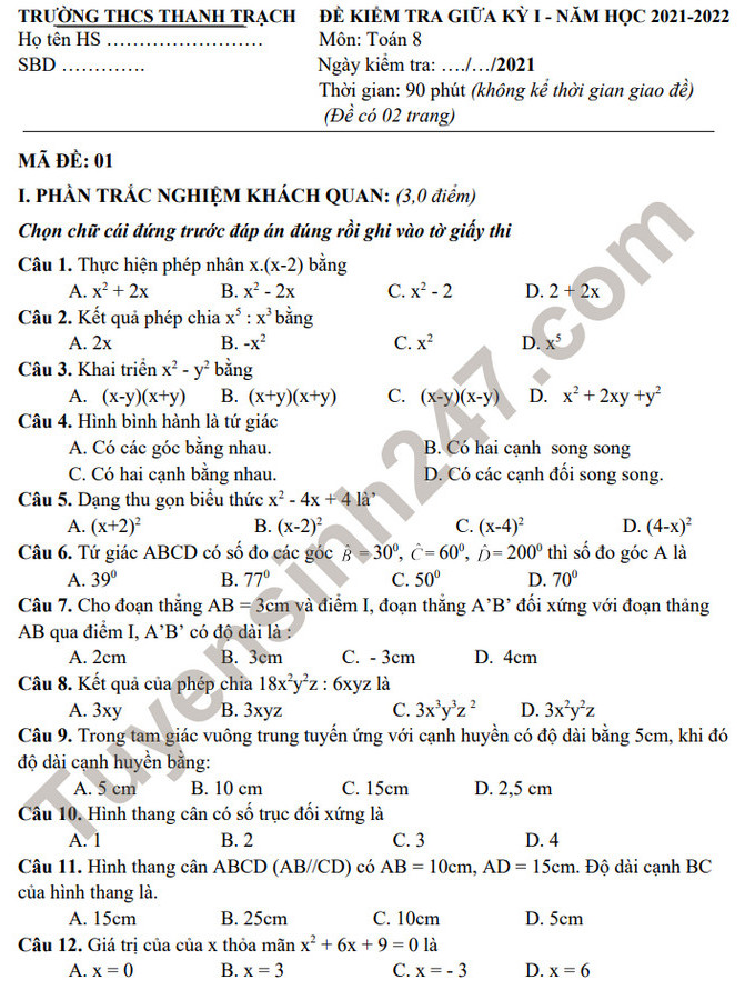 Đề thi giữa học kì 1 lớp 8 môn Toán 2021 - THCS Thanh Trạch