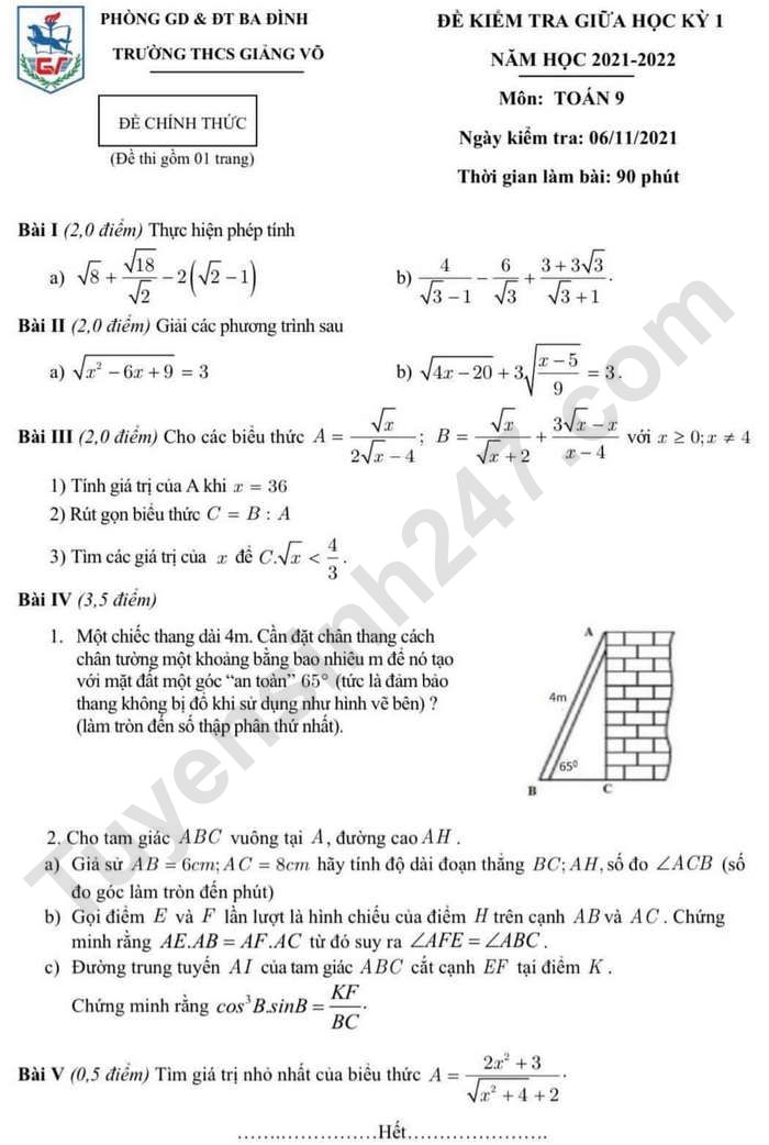 Đề thi giữa kì 1 lớp 9 môn Toán năm 2021 - THCS Giảng Võ