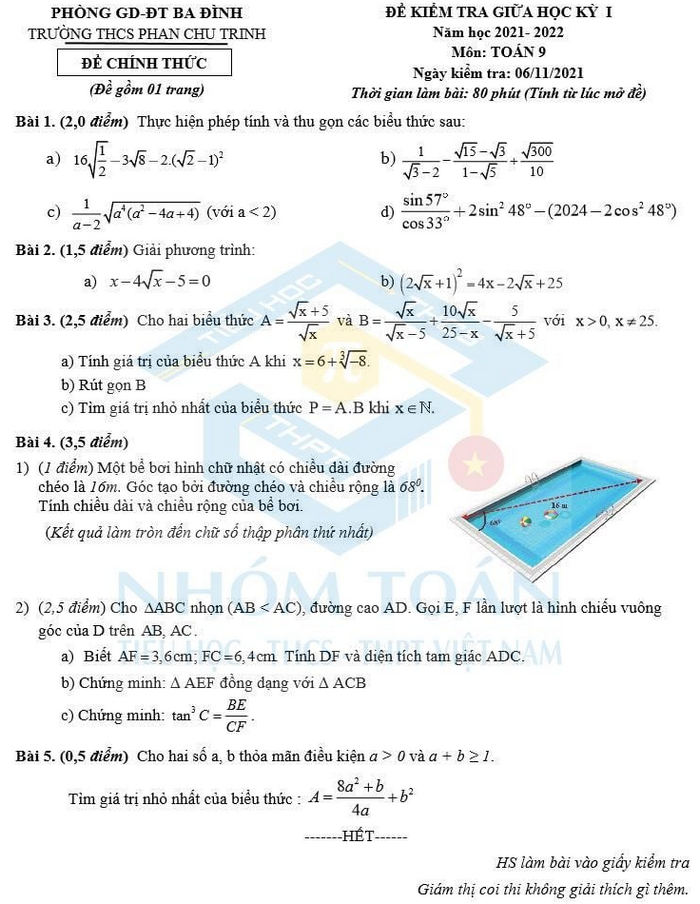 Đề thi giữa học kì 1 Toán 9 THCS Phan Chu Trinh năm 2021