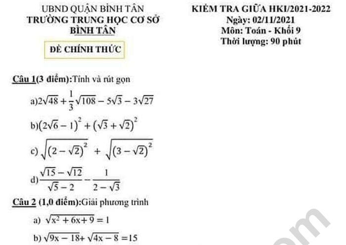 Đề thi giữa kì 1 lớp 9 môn Toán - THCS Bình Tân năm 2021