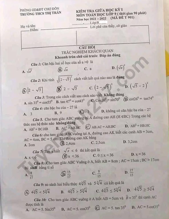 Đề giữa kì 1 môn Toán lớp 9 năm 2021 - THCS thị trấn Chợ Đồn