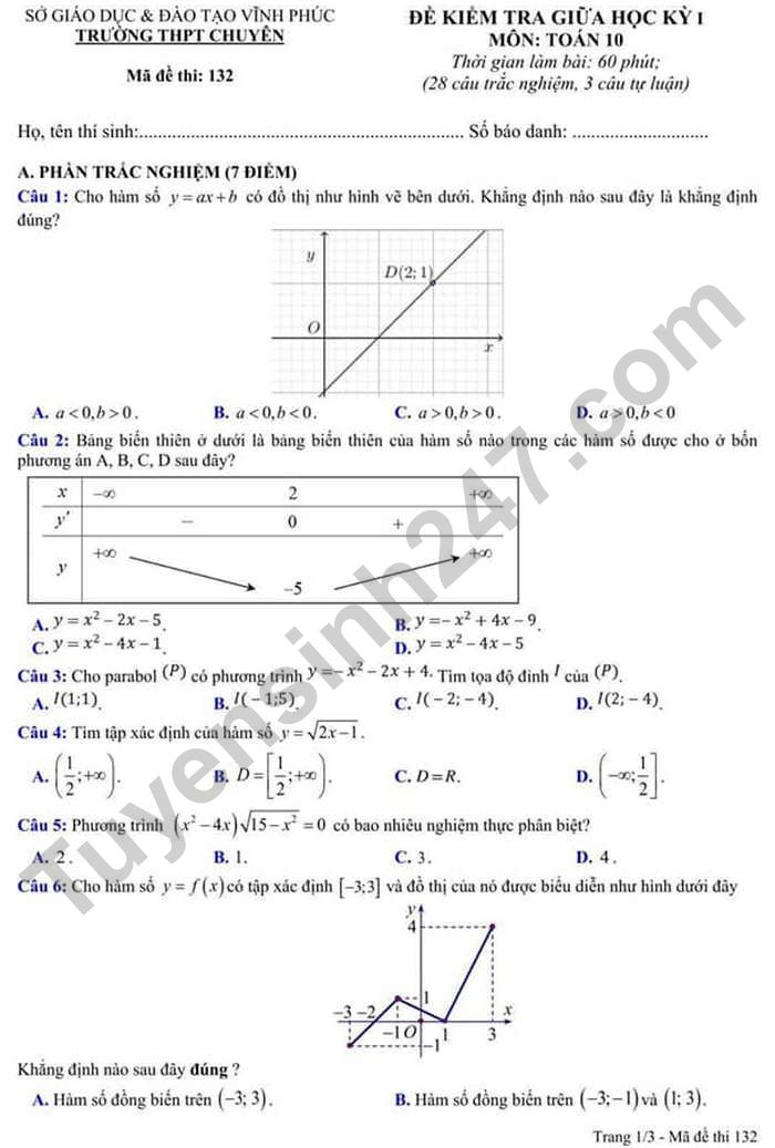 Đề thi giữa kì 1 năm 2021 THPT Chuyên Vĩnh Phúc - môn Toán lớp 10