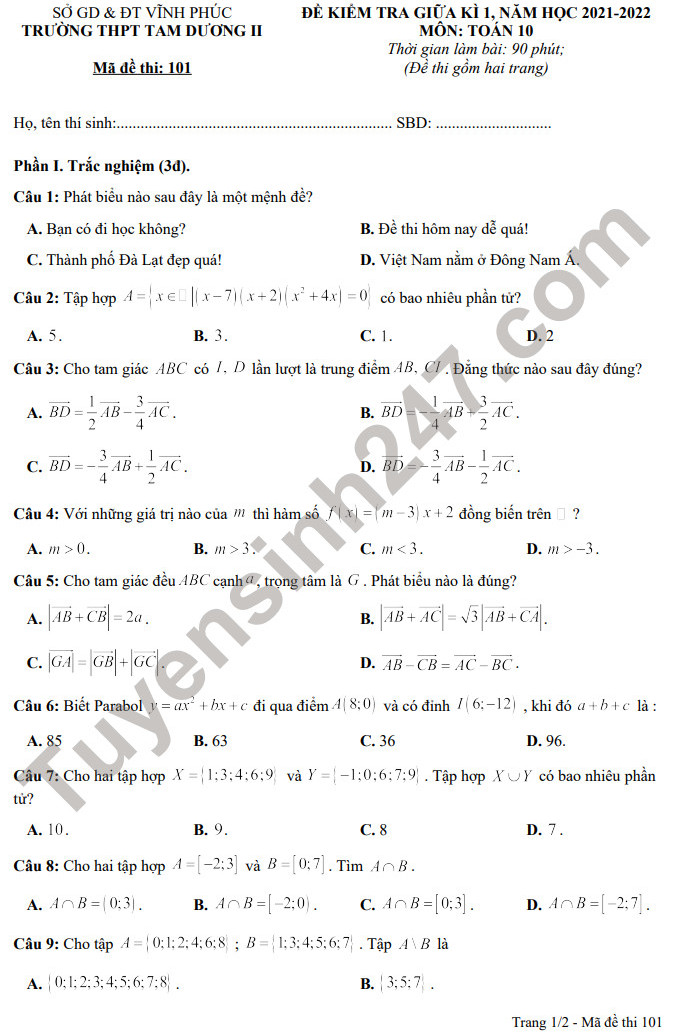 Đề thi giữa học kì 1 lớp 10 THPT Tam Dương II - môn Toán 2021