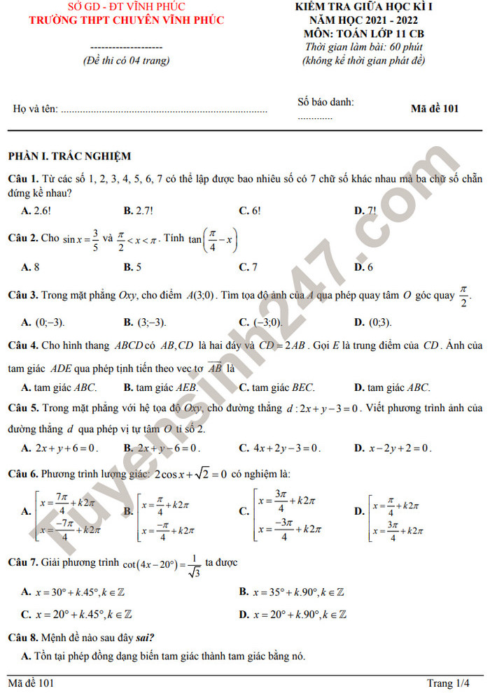 Đề thi giữa kì 1 năm 2021 lớp 11 môn Toán - THPT Chuyên Vĩnh Phúc