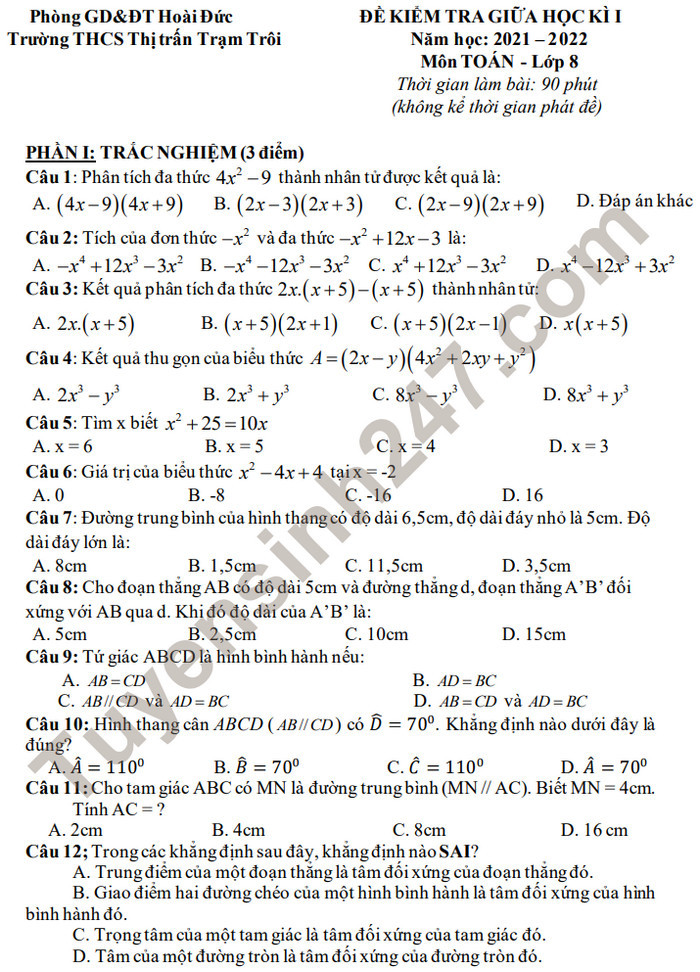 Đề thi giữa học kì 1 lớp 8 môn Toán - THCS Thị trấn Trạm Trôi 2021