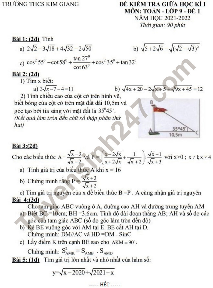 Đề kiểm tra giữa kì 1 lớp 9 môn Toán - THCS Kim Giang 2021