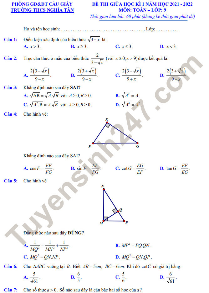 Đề kiểm tra giữa kì 1 môn Toán lớp 9 - THCS Nghĩa Tân 2021