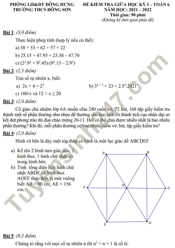 Đề thi giữa kì 1 THCS Đông Sơn năm 2021 - lớp 6 môn Toán