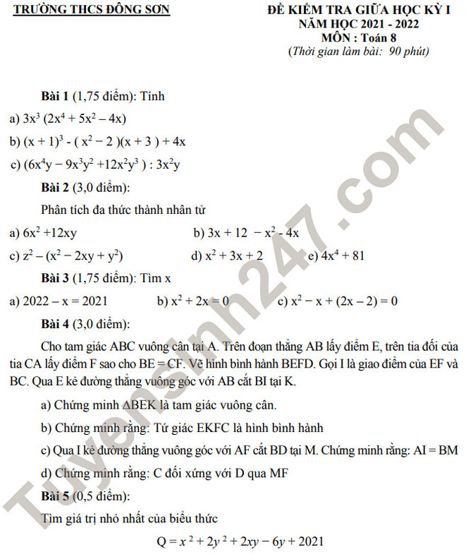 Đề thi giữa học kì 1 môn Toán lớp 8 - THCS Đông Sơn 2021 (Có đáp án)
