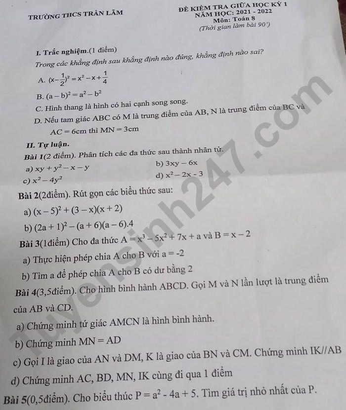 Đề thi giữa kì 1 Toán lớp 8 - THCS Trần Lãm 2021