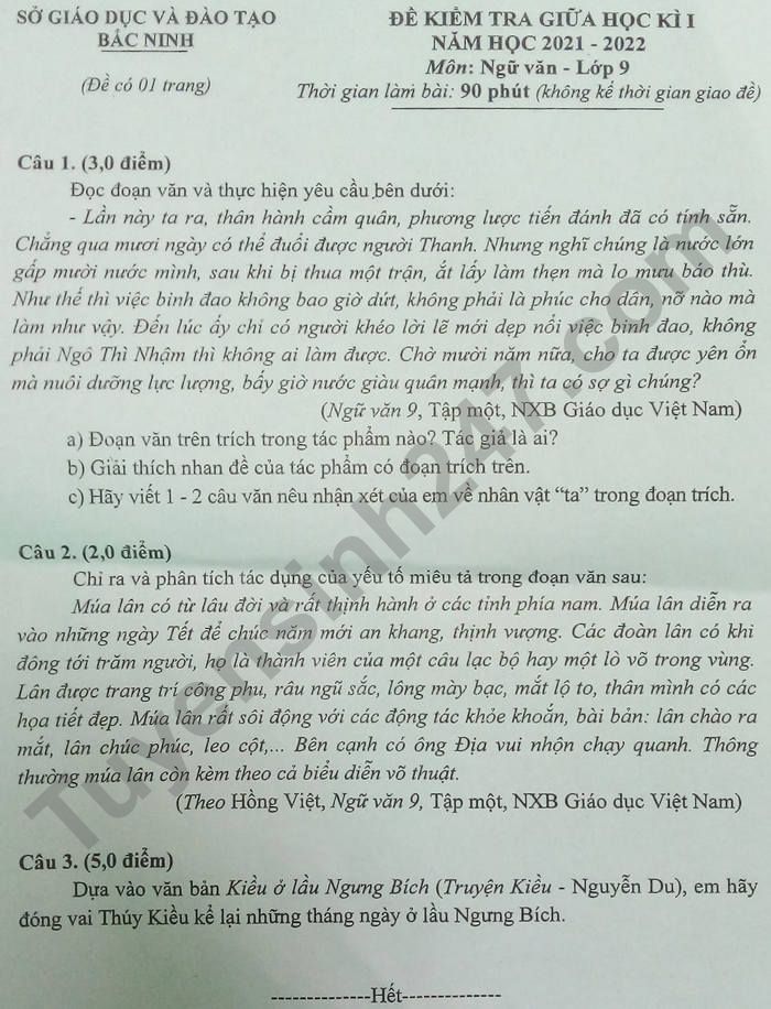 Đề thi giữa học kì 1 lớp 9 môn Văn 2021 - tỉnh Bắc Ninh