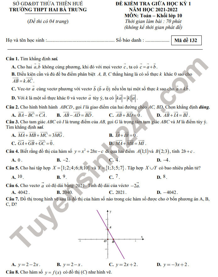 Đề thi giữa kì 1 năm 2021 THPT Hai Bà Trưng - môn Toán 10