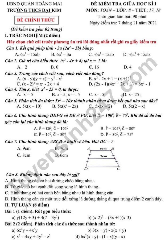 Đề thi giữa kì 1 lớp 8 năm 2021 - THCS Đại Kim môn Toán