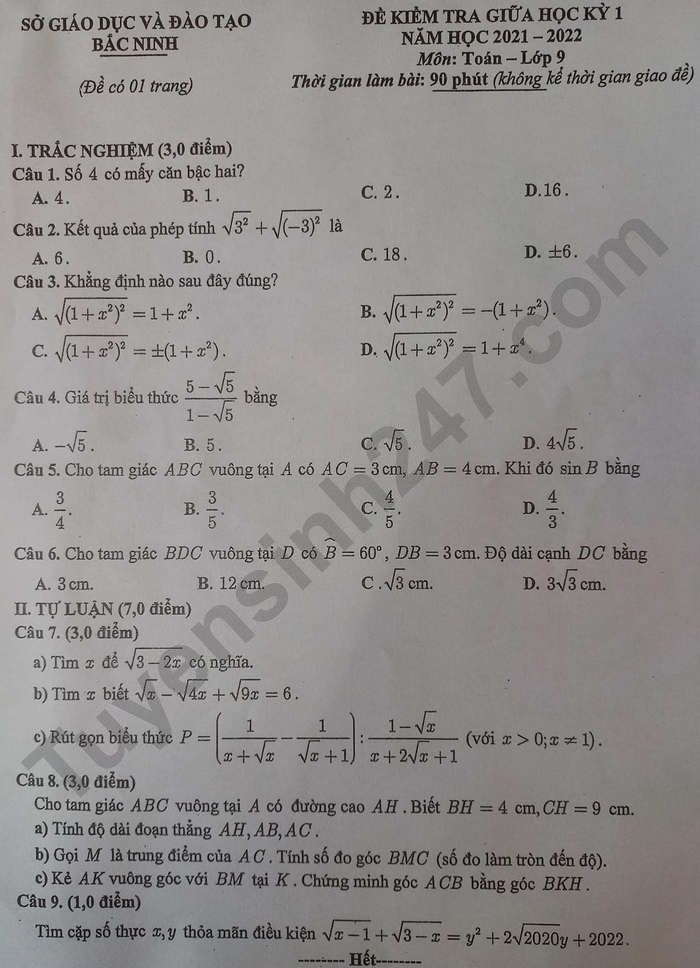 Đề thi giữa kì 1 môn Toán lớp 9 - Sở GD Bắc Ninh 2021
