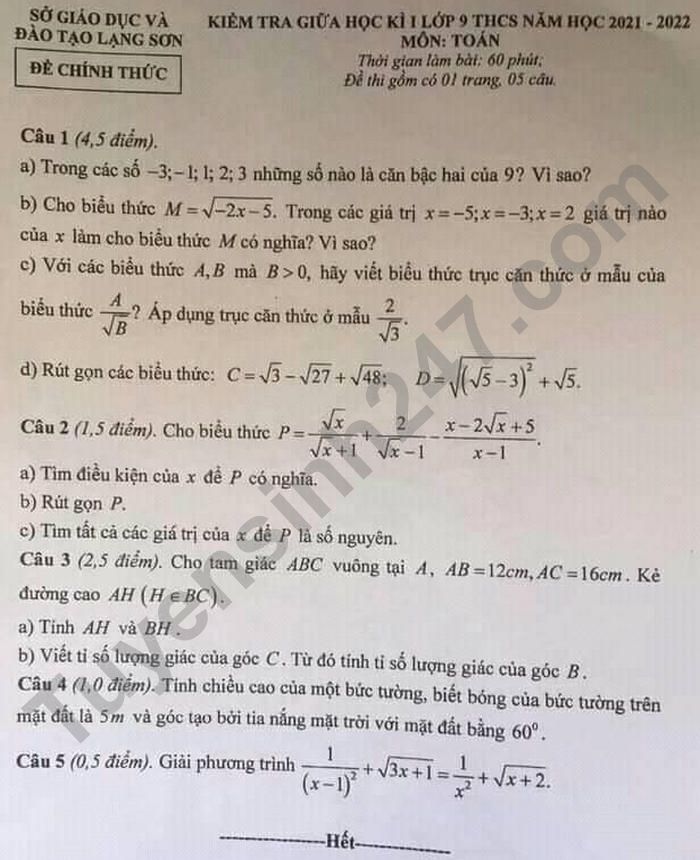 Đề thi giữa học kì 1 môn Toán lớp 9 năm 2021 - tỉnh Lạng Sơn