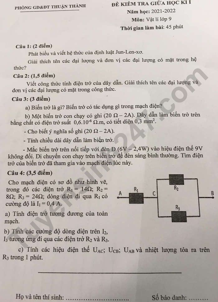 Đề thi giữa học kì 1 lớp 9 môn Lý - Huyện Thuận Thành 2021