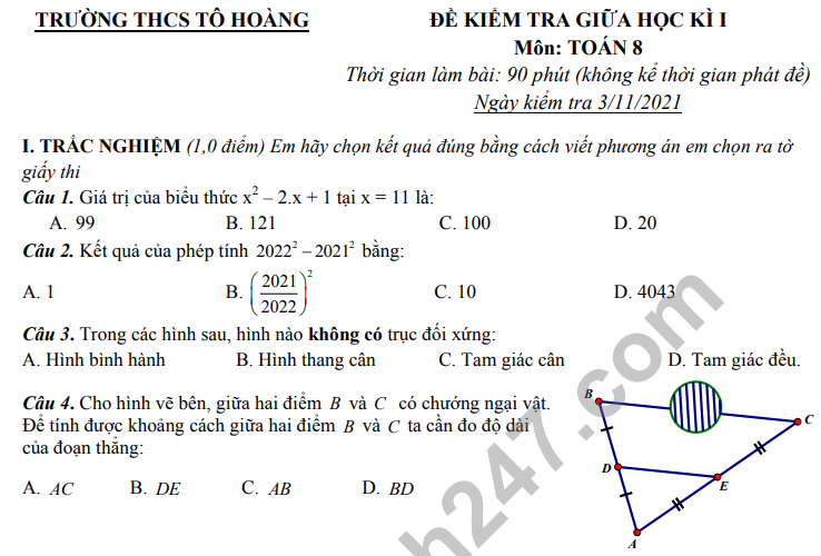 Đề giữa kì 1 môn Toán lớp 8 THCS Tô Hoàng 2021