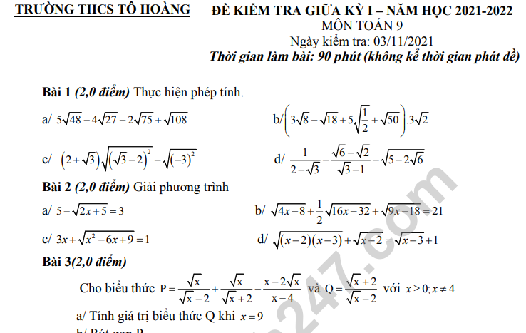 Đề thi giữa kì 1 lớp 9 môn Toán 2021 - THCS Tô Hoàng