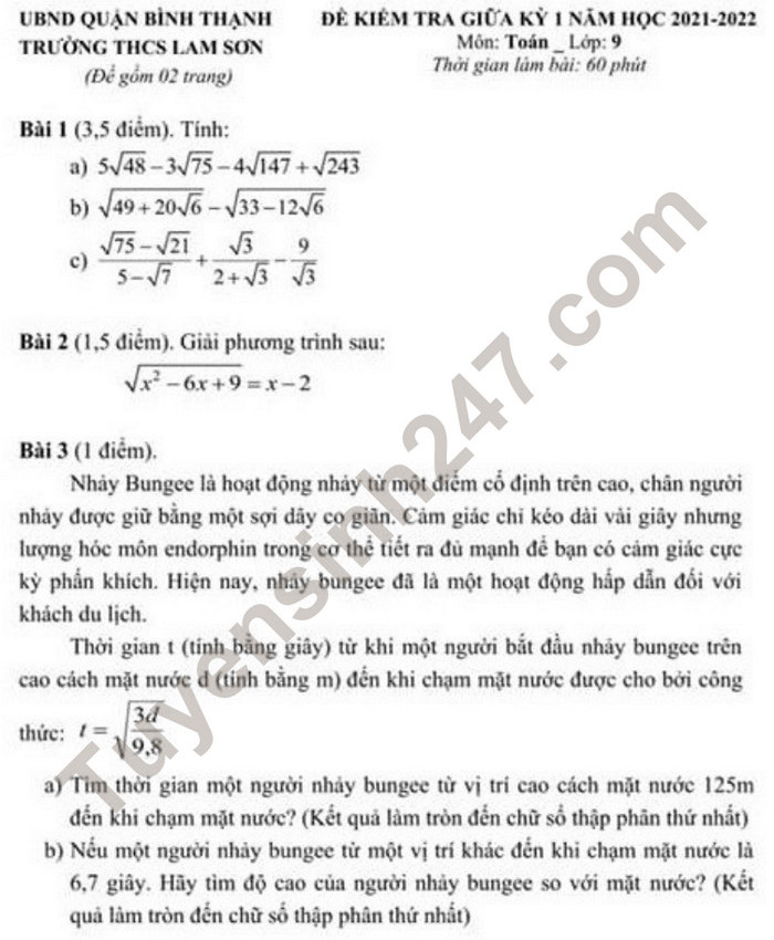 Đề thi giữa kì 1 lớp 9 môn Toán năm 2021 - THCS Lam Sơn