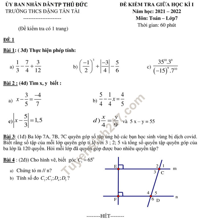 Đề giữa học kì 1 lớp 7 môn Toán 2021 - THCS Đặng Tấn Tài