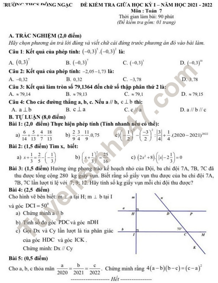 Đề giữa kì 1 năm 2021 THCS Đông Ngạc - Toán lớp 7