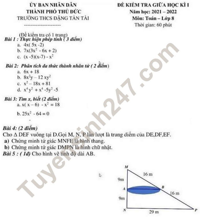 Đề thi giữa kì 1 Toán 8 năm 2021 THCS Đặng Tấn Tài