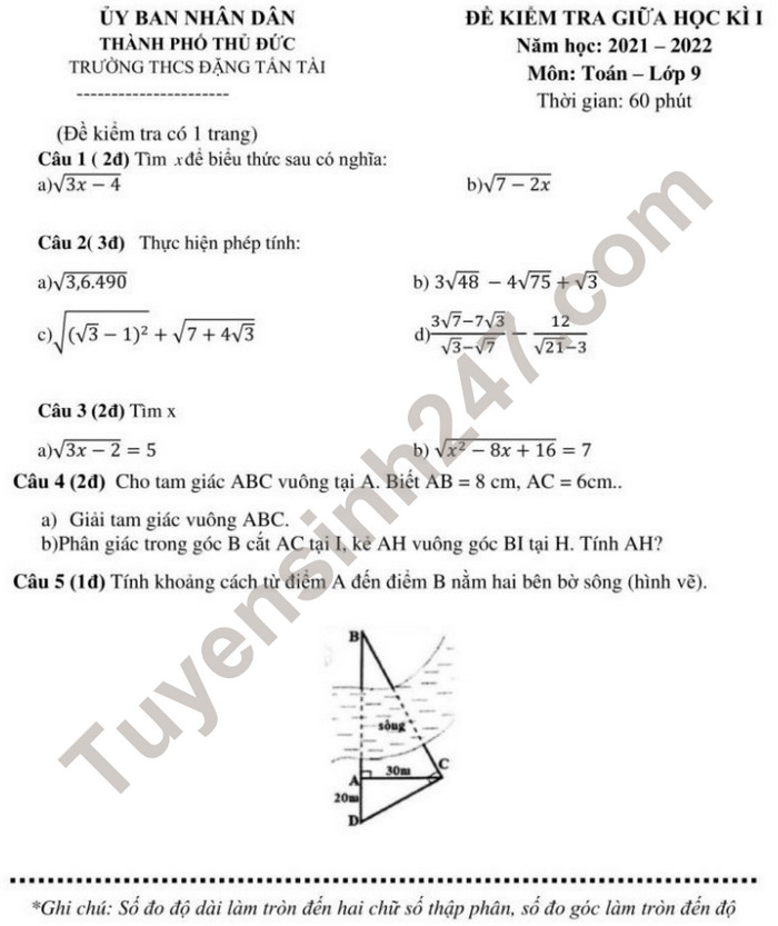 Đề thi giữa học kì 1 môn Toán 9 - THCS Đặng Tấn Tài 2021