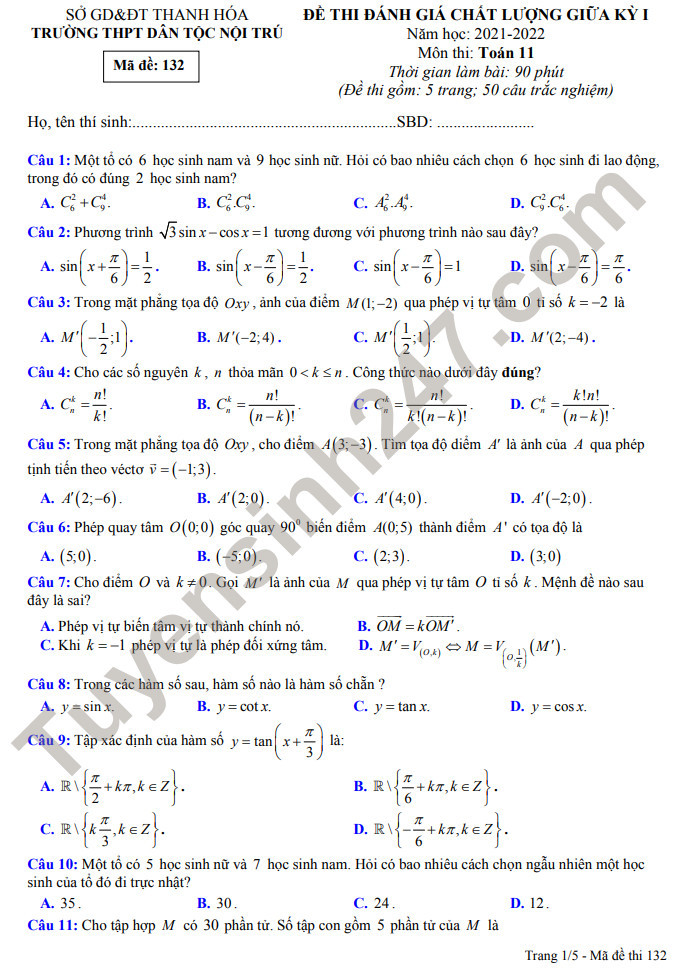 Đề giữa kì 1 lớp 11 môn Toán 2021 - THPT DTNT Thanh Hóa