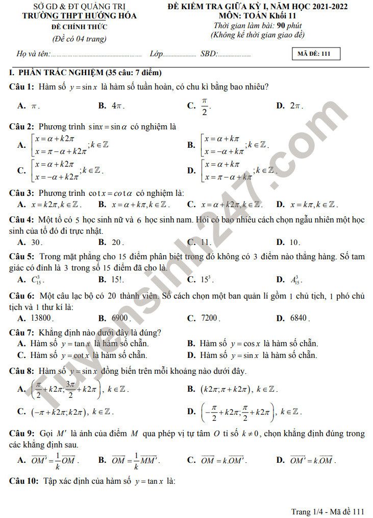 Đề thi giữa kì 1 môn Toán 11 THPT Hướng Hóa 2021