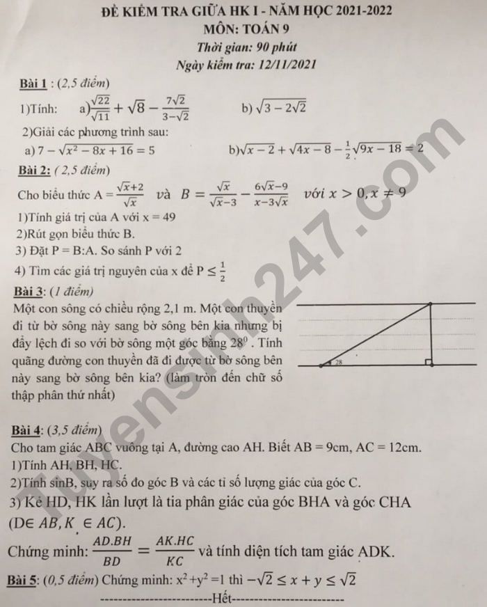 Đề kiểm tra giữa kì 1 năm 2021 THCS Giáp Bát - lớp 9 môn Toán