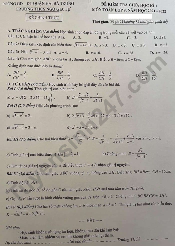 Đề giữa kì 1 năm 2021 lớp 9 môn Toán - THCS Ngô Gia Tự