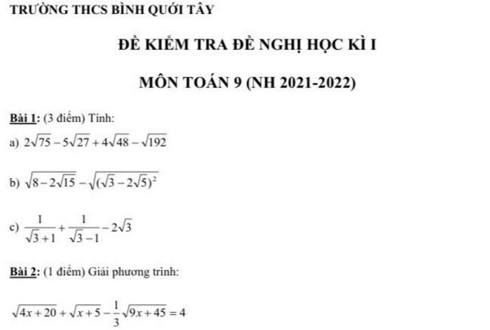 Đề kiểm tra học kì 1 lớp 9 năm 2021 - THCS Bình Quới Tây môn Toán (Đề tham khảo)