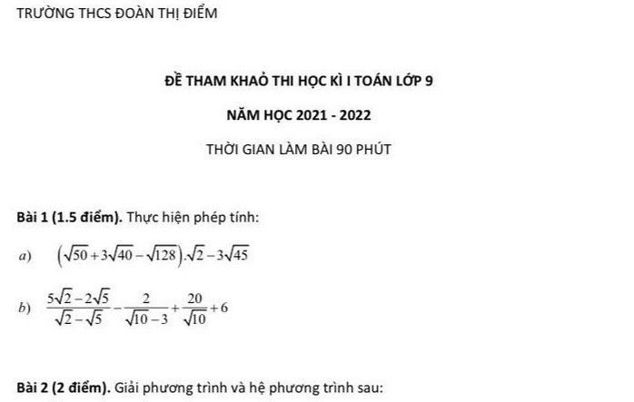 Đề thi học kì 1 lớp 9 môn Toán năm 2021 - THCS Đoàn Thị Điểm (Đề thi tham khảo)