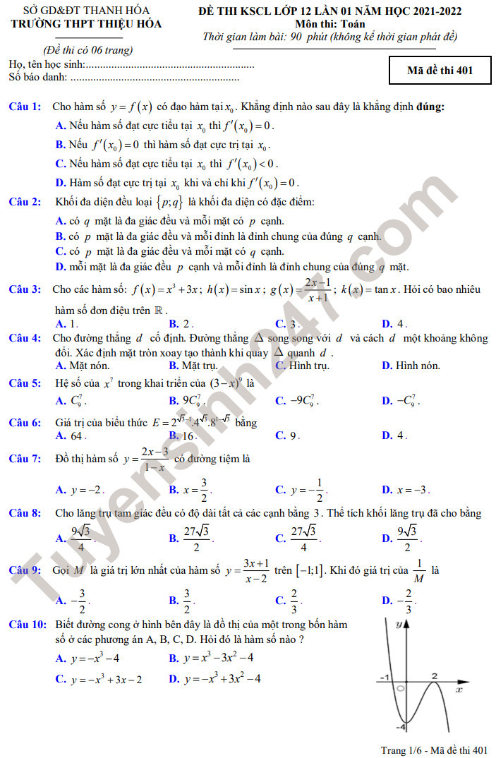 Đề thi KSCL lần 1 môn Toán lớp 12 - THPT Thiệu Hóa năm 2021