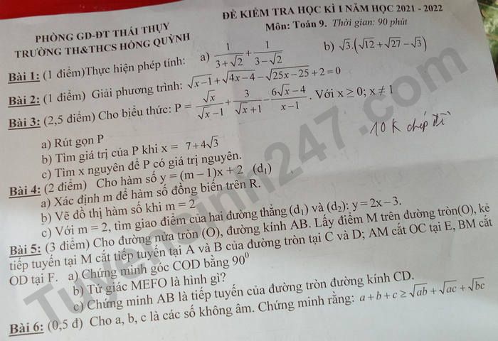 Đề thi học kì 1 môn Toán lớp 9 - TH&THCS Hồng Quỳnh năm 2021