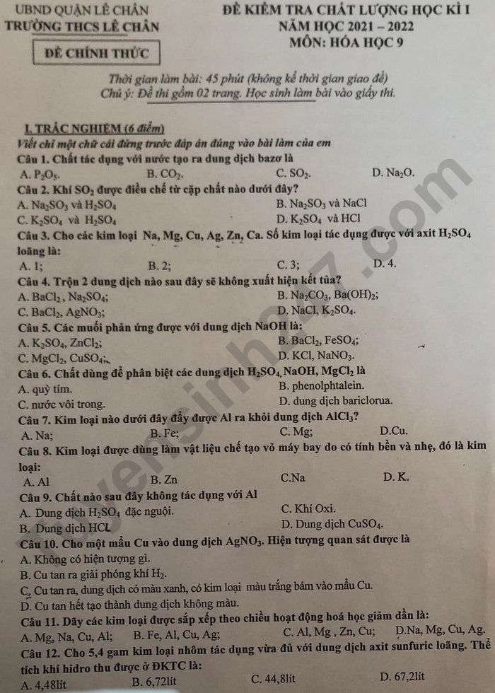 Đề thi kì 1 môn Hoá lớp 9 THCS Lê Chân năm 2021